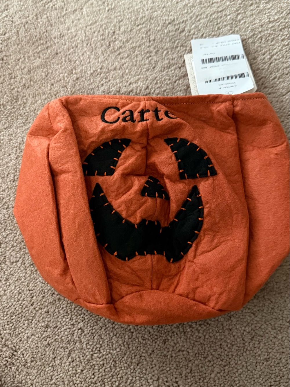 Pottery Barn Kids Carter Orange Pumpkin Trick-or-Treat Bag with Black Face